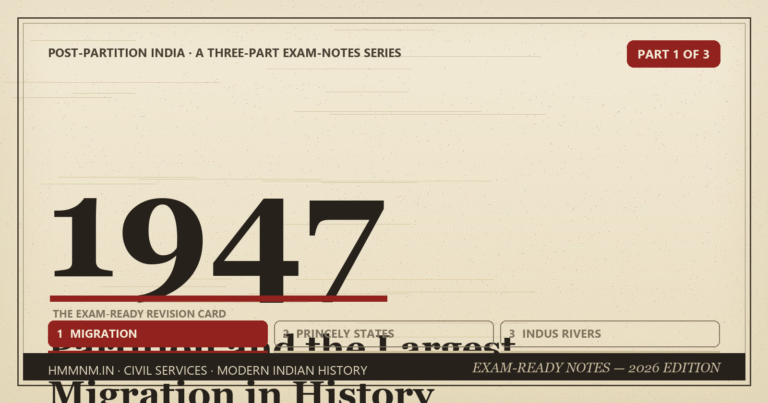 Archive-style cover with a giant 1947 in serif type - Partition and the largest migration in history, part 1 of a three-part exam-notes series on post-Partition India