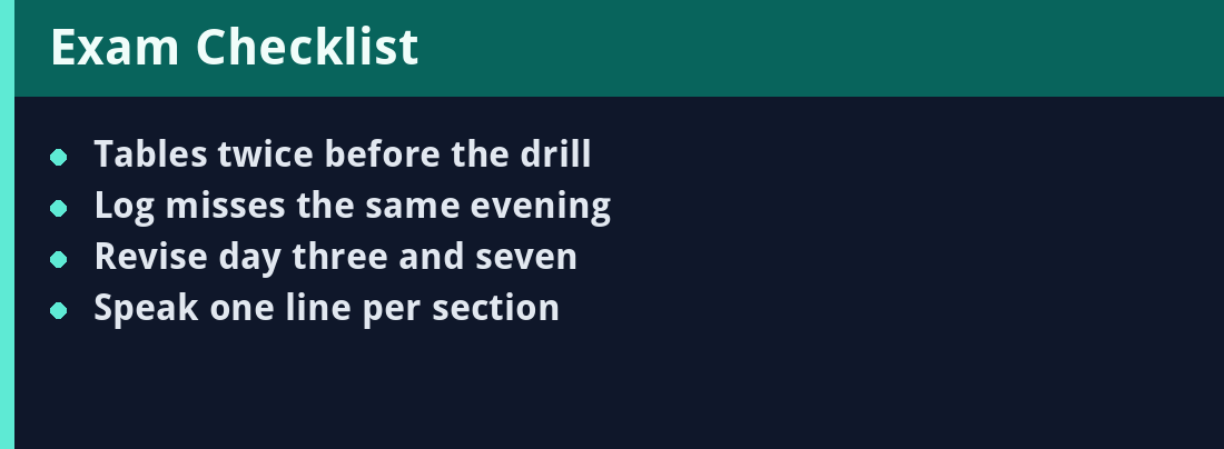 Exam checklist card