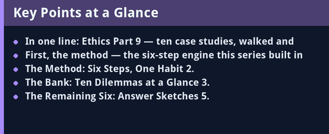 Ethics Part 9: The Case-Study Bank — Ten Dilemmas, Solved - key points summary card