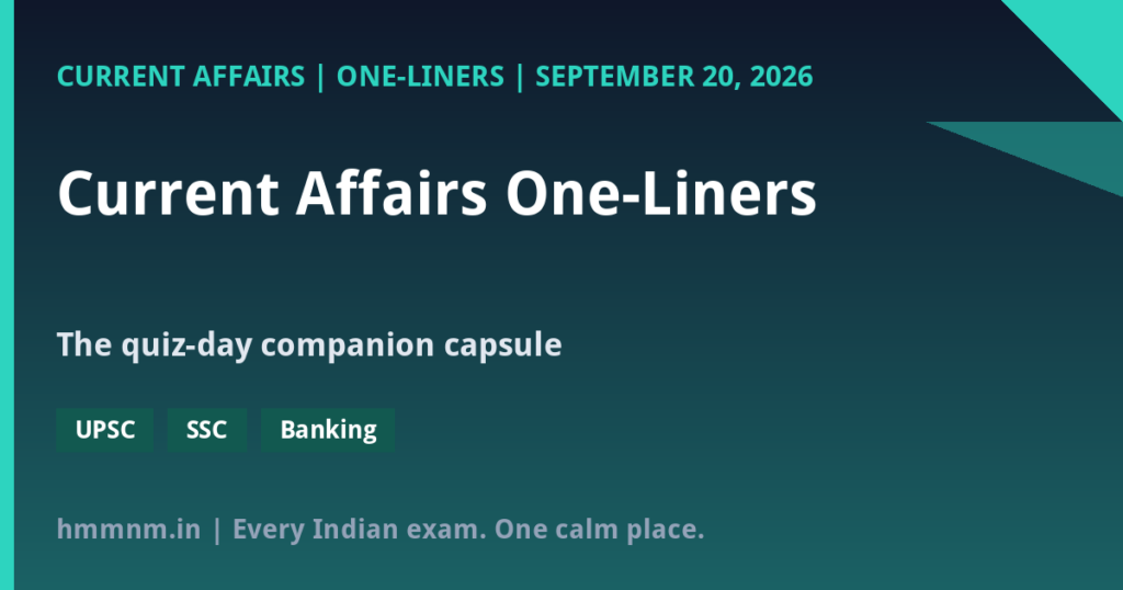 Current Affairs One-Liners: September 20, 2026 – Quiz Day Capsule
