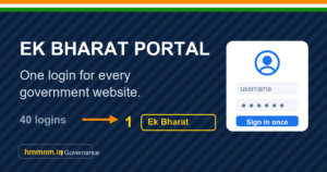 Ek Bharat portal featured image: a single login card opening every government website, tricolor accent, 40 logins reduced to one