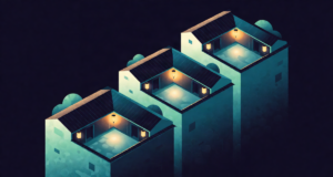 Editorial illustration: three tiers of village courtyards ascending like terraced steps, each with its own glowing lantern, grassroots governance