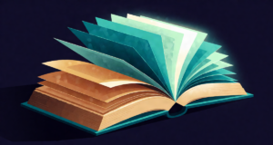 Editorial illustration: a thick book with pages fanning into a glowing timeline arc from sepia to bright teal, amendments through time