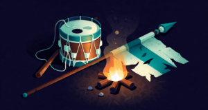 Editorial illustration: an aged regimental drum and a torn banner beside a small smoldering campfire, relic still life, dramatic ember light