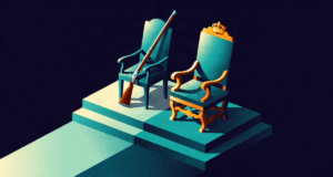 Editorial illustration: two ceremonial chairs of different eras on a split dais, one musket-era and one crown-era, colonial archive hall light