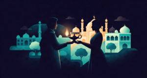 Editorial illustration: an oil lamp being passed between silhouetted figures across a changing Indian skyline, reform relay through time, no faces