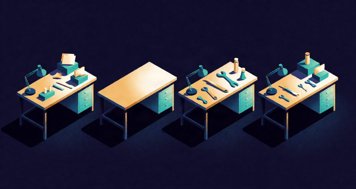Editorial illustration: four workbenches in a row, one crowded, one empty, one with mismatched tools, one waiting, labour market metaphor, no faces