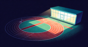 Editorial illustration: a lane-marked athletics track curving toward a glowing bank hall facade, exam as marathon, morning light