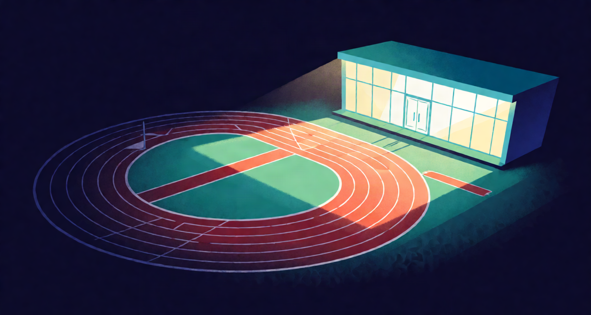 Editorial illustration: a lane-marked athletics track curving toward a glowing bank hall facade, exam as marathon, morning light