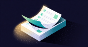 Editorial illustration: a stack of answer sheets under warm light with one sheet lifted, its checked circles glowing green, fairness review scene