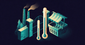 Editorial illustration: two glass thermometers of different sizes standing before a factory gate and a market basket, inflation measurement duo