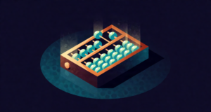 Editorial illustration: a small wooden abacus with glowing beads mid-slide, quick reckoning desk scene