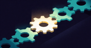 Editorial illustration: glowing interlocking puzzle cogs of different shapes on a dark board, one sequence aligning and lighting up, reasoning metaphor