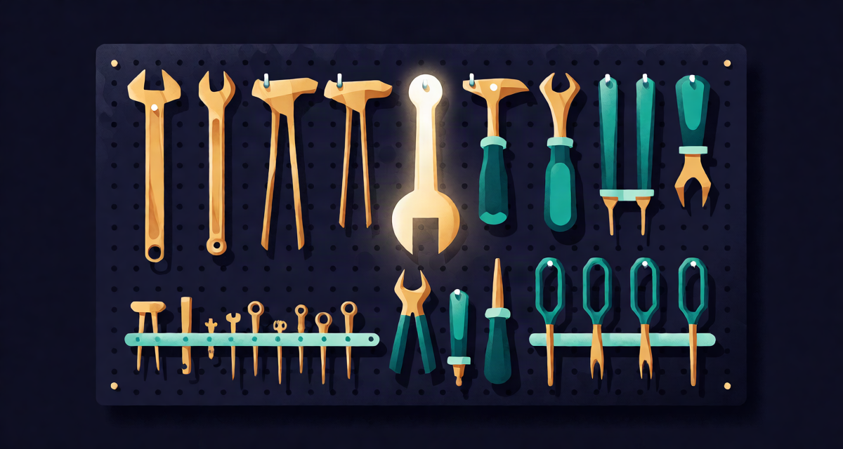 Editorial illustration: a craftsman pegboard of distinct brass tools hanging in perfect order, one glowing softly, policy toolkit metaphor