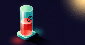 Editorial illustration: a tall glass pillar half filled with glowing red liquid, a target ring marked on its side, fiscal thermometer metaphor