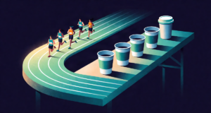 Editorial illustration: paper cups on a hydration table beside a glowing running track, marathon support scene at dawn
