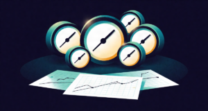Editorial illustration: a cluster of glowing dial gauges without numerals above a worksheet of blank graphs, diagnostic repair metaphor, garage light