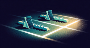 Editorial illustration: athletics starting blocks on a glowing track lane before dawn, anticipation of the sprint