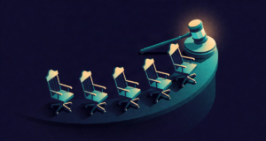 Editorial illustration: five judicial chairs arranged in an ascending spiral toward a glowing gavel at the top, deep navy courtroom