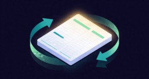 Editorial illustration: a two-column ledger page glowing softly with matching inflow and outflow arrows circling it, balance of payments elegance