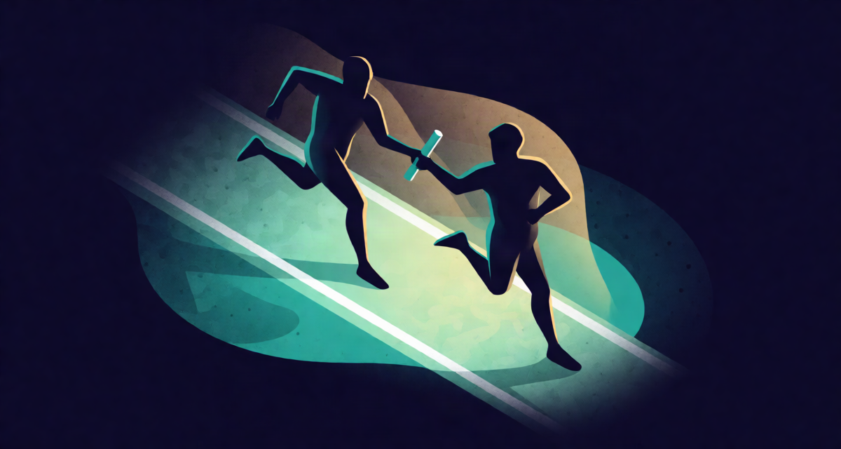 Editorial illustration: a relay baton passing between two runner silhouettes on a glowing lane, teamwork momentum, morning track light