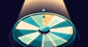 Editorial illustration: a spinning prize wheel divided into glowing segments under a dramatic spotlight, quiz-show energy