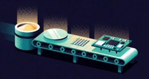 Editorial illustration: a glowing chip value-chain conveyor with a sand crucible, polished wafer, diced chips and finished circuit board in stages left to right, factory light