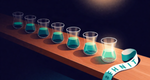 Editorial illustration: a row of seven tea glasses on a wooden counter filled to gradually decreasing levels, the last one glowing softly with a finish-line ribbon draped beside it, week-in-review metaphor, warm cafe light