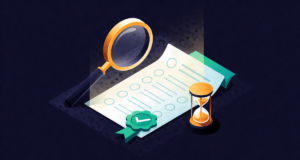 Editorial illustration: a magnifying glass hovering over a glowing answer sheet with clean filled circles, a green checkmark seal and a small brass hourglass beside it, verification desk scene