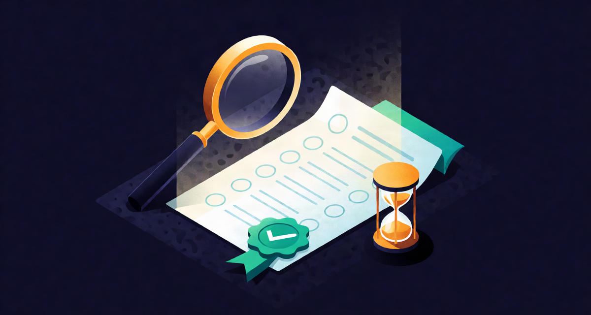 Editorial illustration: a magnifying glass hovering over a glowing answer sheet with clean filled circles, a green checkmark seal and a small brass hourglass beside it, verification desk scene