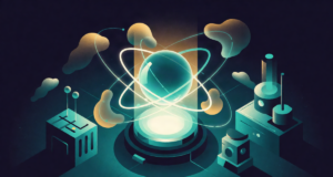 Editorial illustration: a glowing qubit sphere entangled with luminous orbital rings and probability clouds, futuristic quantum laboratory, teal and gold