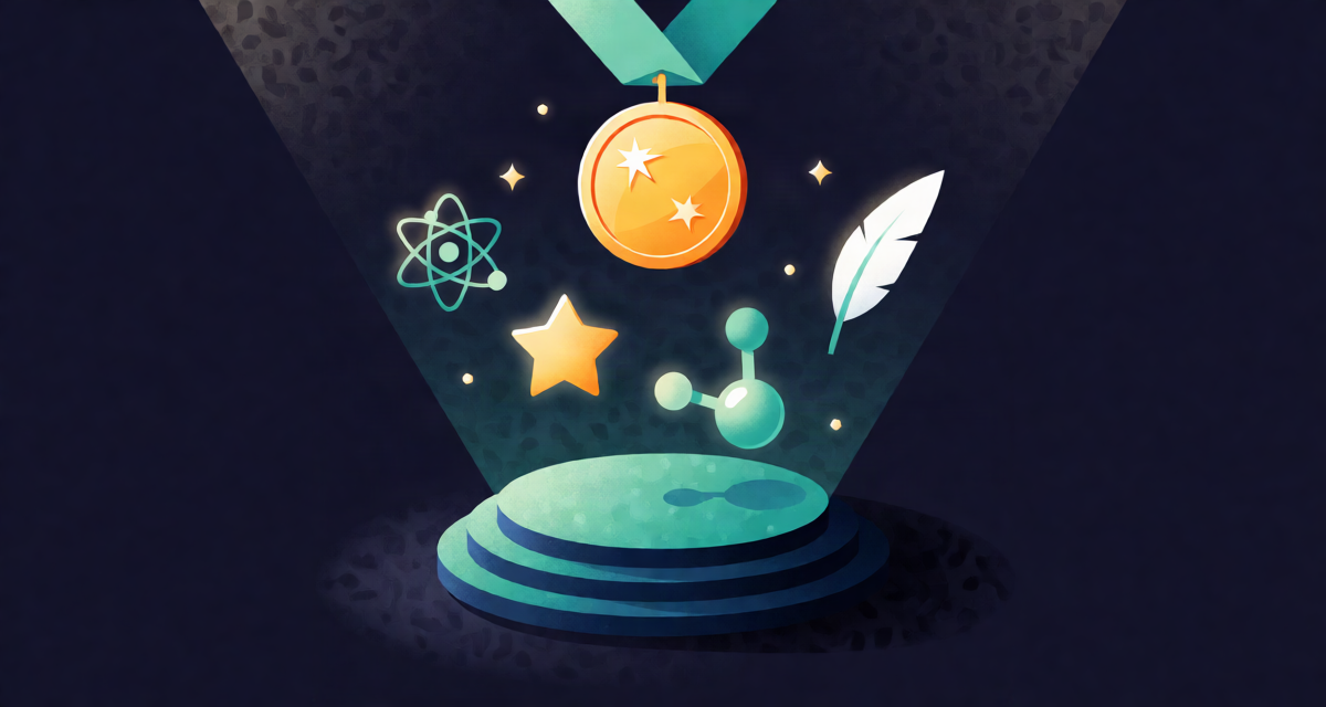 Editorial illustration: a golden medallion suspended on a ribbon above a constellation of glowing discovery icons: an atom, a star, a molecule and a quill pen, ceremonial navy stage with soft spotlights