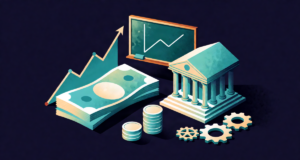 Editorial illustration of Indian banknotes, coins, bank model and rising graph
