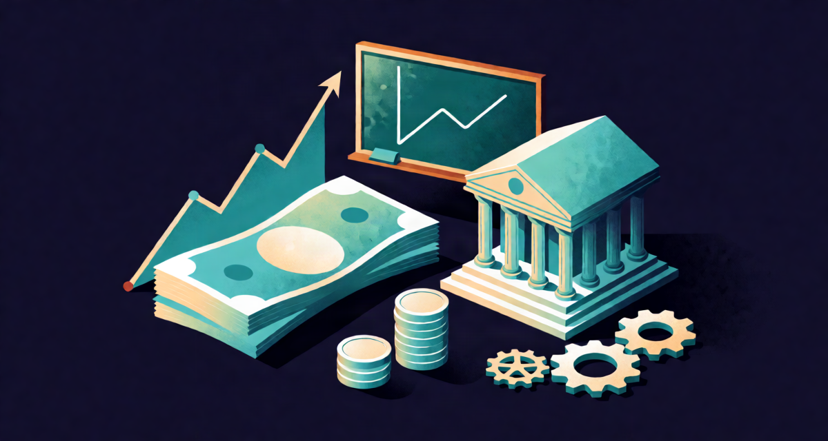 Editorial illustration of Indian banknotes, coins, bank model and rising graph