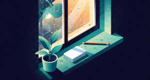 Editorial illustration of flashcards on a rain-streaked windowsill study scene