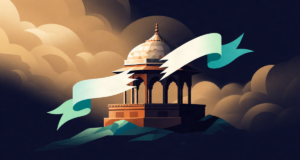 Editorial illustration: a single banner torn into two halves drifting apart over a historic pavilion, dramatic sepia and navy sky