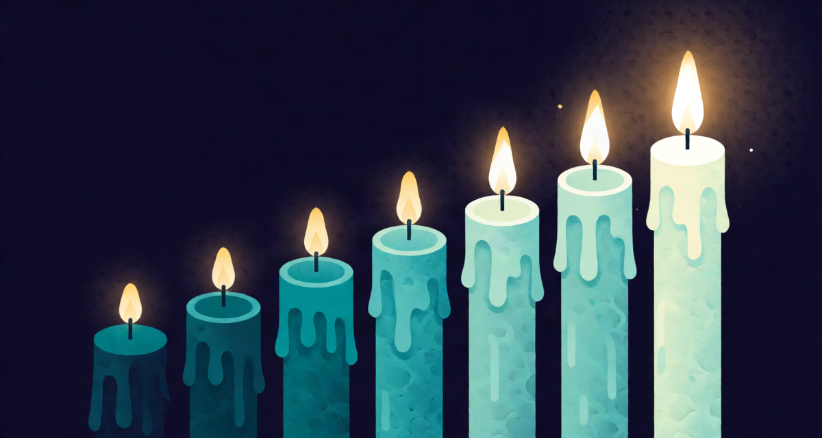 Editorial illustration: seven candles in a row with flames of increasing brightness, weekly digest warmth on dark wood