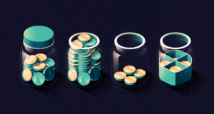 Editorial illustration: four glass jars of coins: one balanced, one overflowing, one nearly empty, one with compartments, budget types still life