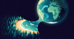 Editorial illustration: the Earth gently exhaling a carbon spiral that a glowing forest and ocean absorb, planetary breathing scene
