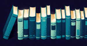 Editorial illustration: a bookshelf of physics volumes with spines glowing in proportion to thickness, the top ten shining brightest