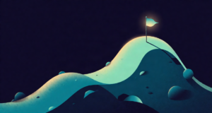 Editorial illustration: a bell-curve hill with a glowing flag planted on the far right slope, percentile summit terrain