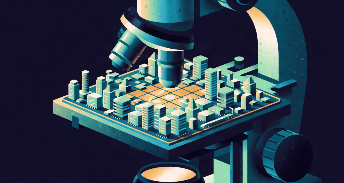 Editorial illustration: a microscope revealing a bustling micro-city of chip traces on a wafer, semiconductor metropolis