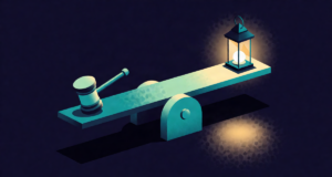 Editorial illustration: a see-saw where a small gavel and a lantern balance in perfect equilibrium, constitution playground at dusk