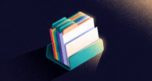 Editorial illustration: a desktop dispenser of colorful index tabs with one tab half-drawn, study supply still life, warm light