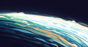 Editorial illustration: a cross-section of the sky as a machine: a bright equatorial cloud band, jet stream ribbons and a moisture conveyor belt, atmospheric blueprint