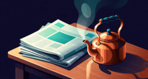 Editorial illustration: a copper kettle steaming beside folded newspapers on a wooden table, warmth of the daily read