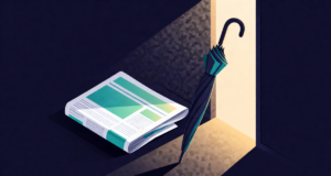 Editorial illustration: folded newspapers beside a folded umbrella leaning at a doorway, monsoon-ready morning desk