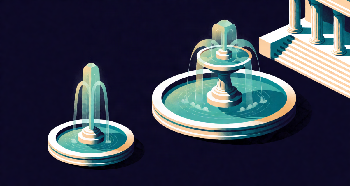 Editorial illustration: two fountains of different reach in a courthouse courtyard, one narrow and high, one wide and gentle, remedial jurisdiction metaphor