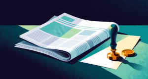 Editorial illustration: folded newspapers beside a brass ink stamp and sealing wax on a wide desk, official morning ritual