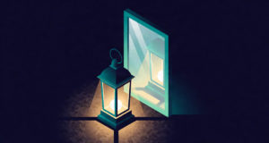 Editorial illustration: a lantern standing before a mirror that reflects its glow back, civic symmetry in a monument hall